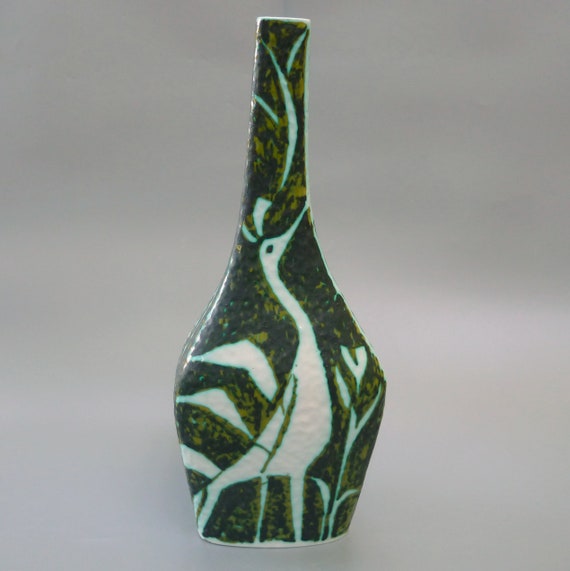 Vintage Alessio Tasca Ceramic Monumental Floor Vase, Water Bird Decor, Signed Tasca 195 Nove, Midcentury Modern Italian Pottery