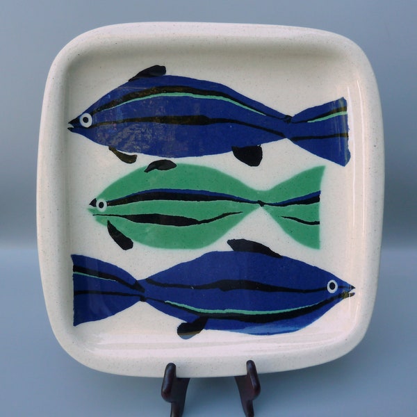 Swedish Art Pottery Platter, Modernist Stoneware Plate, Three Fish Ceramic Dish, Studio Pottery, Danish Modern, Sea Life, Beach House Decor
