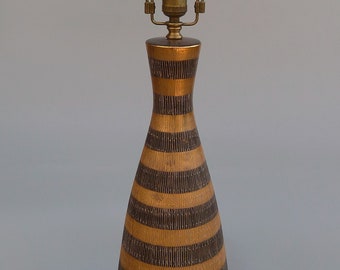 Vintage 1960s Aldo Londi Bitossi "Seta" Pottery Table Lamp, MCM Lighting, Italian Midcentury Modern Gold Brown Striped Ceramic Gourd Lamp