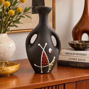 Andre Baud Vallauris Ceramic Amphora Vase,French Mid Century Modern Art Pottery,Black Geometric Botanical Vase,Vintage French Studio Pottery