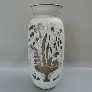 Stig Lindberg Gustavsberg White Argenta Grazia Vase,Midcentury Gustavsberg Pottery Vase With Silver Botanical Decor,MCM Swedish Ceramic Vase
