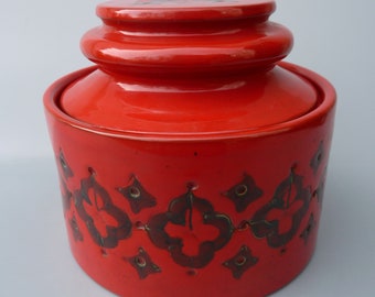 Vintage Bitossi Carta Fiorentina Red Lidded Jar, Aldo Londi Design,MCM Italian Pottery, Midcentury Modern Raymor Italy Red Ceramic Cannister