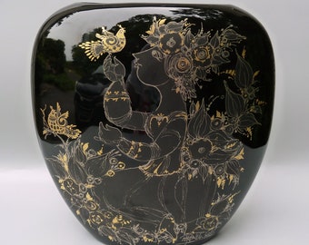 Bjorn Wiinblad Sammuramat Pillow Vase, Wiinblad Black And 14K Gold Vase, Wiinblad Pottery Vase,Rosenthal Elsa Fischer Treyden Porcelain Vase