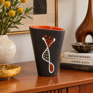 Andre Baud Vallauris Ceramic Vase, French Mid Century Modern Art Pottery,Black Orange Geometric Botanical Vase,Vintage French Studio Pottery