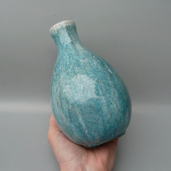 Vintage Marcello Fantoni Blue Drip Glaze Vase Signed, MCM Florentine Pottery Gourd Vase, Midcentury Modern Italian Decor