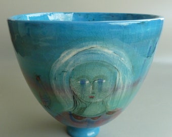 Vintage Polia Pillin Hand Painted Ceramic Bowl, Midcentury Modern California Pottery, American Studio Pottery, Horse/Woman Motif
