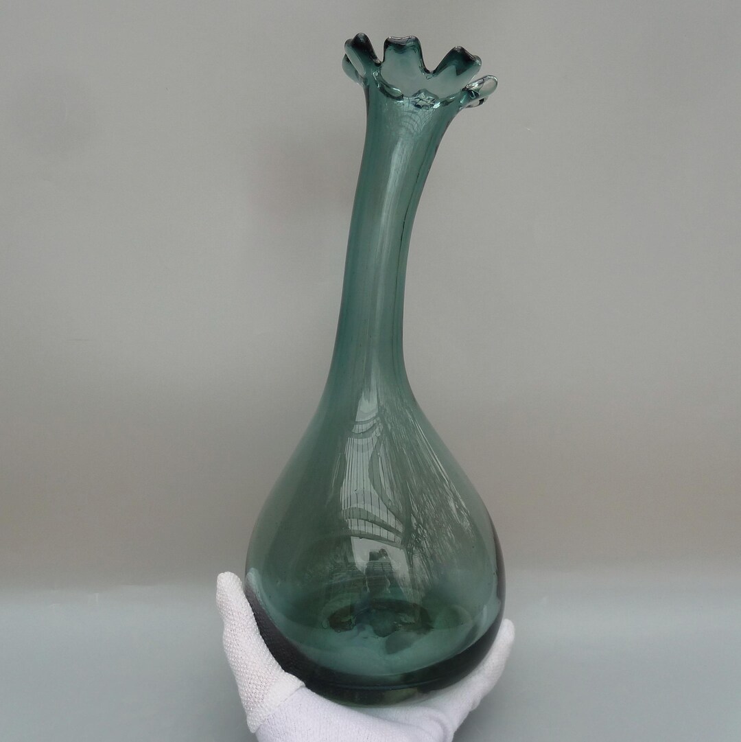 Murano Style Smoke Blue Glass Vase With Crenellated Rim, Blenko Style ...