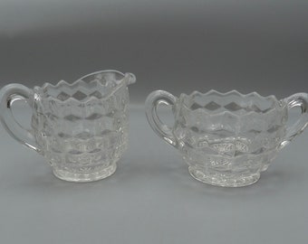 Fostoria Cube Handled Sugar And Creamer, Fostoria American Clear Sugar And Creamer, Vintage Fostoria Glass 2056 Open Sugar Bowl And Creamer