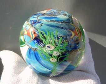 Zellique Art Glass Aquarium Paperweight Signed Joseph Morel 1994 | American Studio Glass Angel Fish Ocean Scene Vortex Ball Sculpture