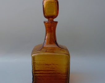 Blenko Glass Decanter 6224S, Blenko Honey Amber Decanter, Wayne Husted Decanter, Blenko Strata Textured Block Decanter, Midcentury Decanter