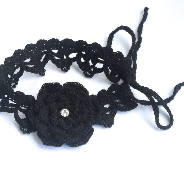Black Crochet Choker, Headband With Flower And Ties