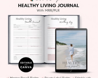 Diario de vida saludable PLR MRR / Seguimiento de hábitos diarios y atención plena / Planificador de bienestar (Plantilla Canva)