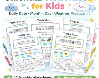 Calendario imprimible para niños / Calendario mensual / Días, meses y clima para preescolares / Educación en casa en jardín de infantes (PDF)