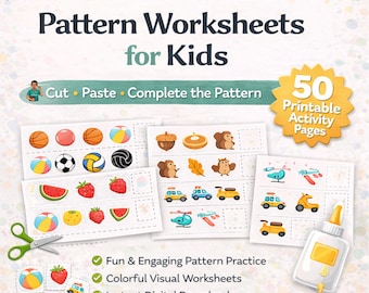 Hojas de trabajo de patrones para niños / Actividades de recortar y pegar / Aprendizaje preescolar / Patrones de matemáticas tempranas / PDF imprimible