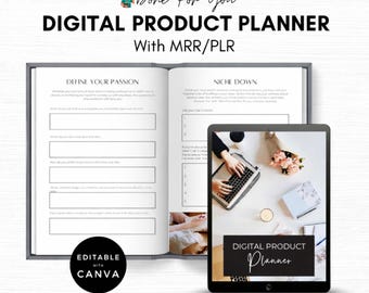 Planificador de productos digitales PLR MRR / Plantilla de Canva para pequeñas empresas / Libro de trabajo de productos digitales / Planificador de derechos de reventa editable