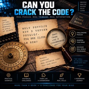 May include: A book titled The Code Book featuring a brass cipher wheel, a magnifying glass, and parchment paper with encoded text. The image includes text such as Can You Crack The Code, Hint: Think Like A Codebreaker, and various educational prompts.