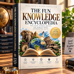 Könnte beinhalten: Ein gebundenes Buch mit dem Titel The Fun Knowledge Encyclopedia mit weißem Einband, der einen Globus, einen Elefanten, eine Rakete, einen Kompass und einen Dinosaurierschädel zeigt. Der Text enthält Small Facts Bigger Perspective und Curiosity Creates a Brighter World.