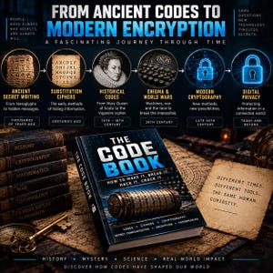 May include: A book titled The Code Book: How to Make It, Break It, Hack It, Crack It, featuring a cryptex on the cover. The image includes an infographic timeline titled From Ancient Codes to Modern Encryption, a brass key, and a stack of books.