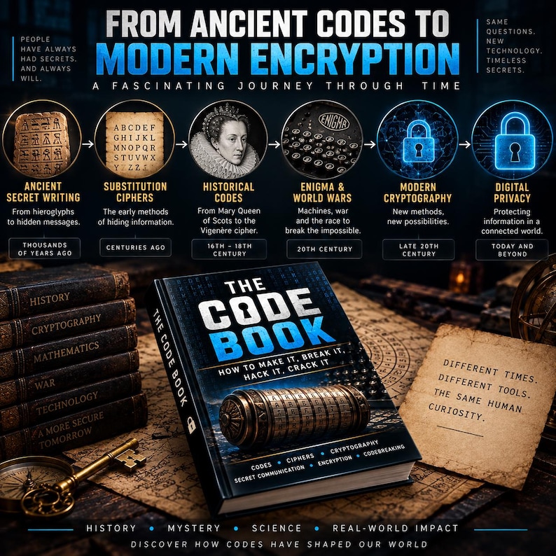 May include: A book titled The Code Book: How to Make It, Break It, Hack It, Crack It, featuring a cryptex on the cover. The image includes an infographic timeline titled From Ancient Codes to Modern Encryption, a brass key, and a stack of books.