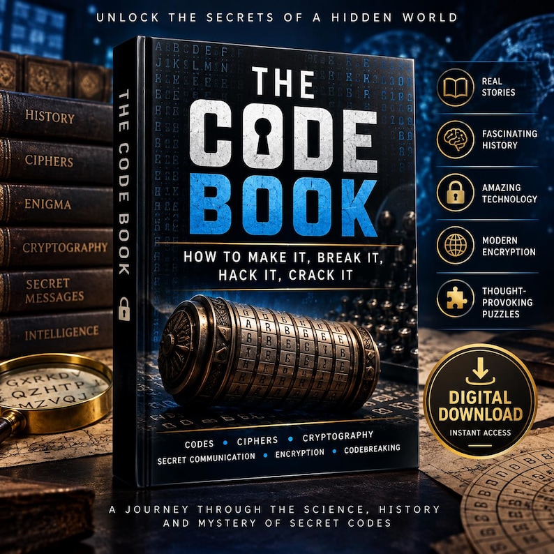 May include: A book titled The Code Book: How to Make It, Break It, Hack It, Crack It, featuring a metallic cryptex on the cover. The design includes text about secret communication, encryption, and codebreaking, with a digital download badge.