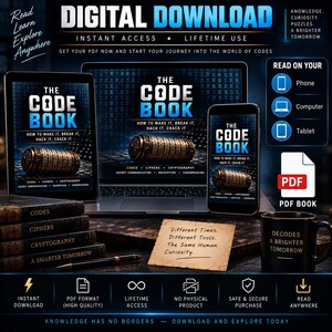 May include: A digital download product titled The Code Book featuring a laptop, tablet, and smartphone displaying the cover art. Includes a stack of books, a black mug with text, a note with a quote, and icons for instant access and PDF format.