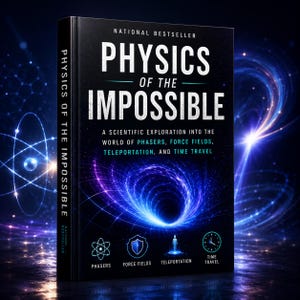 May include: A black hardcover book titled Physics of the Impossible, A Scientific Exploration into the World of Phasers, Force Fields, Teleportation, and Time Travel. The cover features a glowing blue vortex and four icons representing these topics.