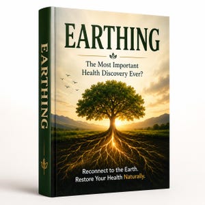 May include: A hardcover book titled EARTHING: The Most Important Health Discovery Ever? The cover features a large tree with glowing roots against a sunset landscape, with the text Reconnect to the Earth. Restore Your Health Naturally. at the bottom.