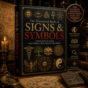 Op de afbeelding: Een hardcover boek getiteld "The Illustrated Book of Signs & Symbols" met gouden letters en illustraties. De omslag is zwart met verschillende symbolen en de tekst "Thousands of Signs and Symbols from Around the World."