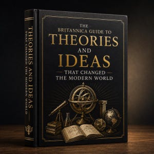 Peut inclure: Un livre relié noir intitulé The Britannica Guide to Theories and Ideas That Changed the Modern World. La couverture présente des lettres dorées et des illustrations d'une sphère armillaire, d'un télescope, d'un globe et d'un livre ouvert.