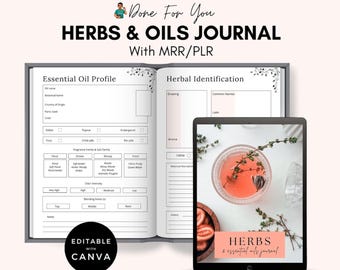 Diario de hierbas y aceites esenciales PLR MRR / Planificador de jardín de hierbas / Cuaderno de aromaterapia / Canva editable