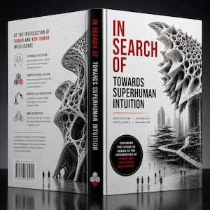 May include: A book titled "In Search of Towards Superhuman Intuition" with a futuristic architectural design on the cover. The cover features text about architecture, technology, intelligence, and imagination. The spine reads "In Search of Towards Superhuman Intuition".