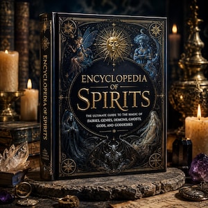 Könnte beinhalten: Ein gebundenes Buch mit dem Titel Encyclopedia of Spirits mit einem schwarzen Einband, der goldene Illustrationen einer Sonne, einer Fee, eines Dämons und anderer mythischer Figuren zeigt. Der Text lautet Encyclopedia of Spirits, The Ultimate Guide to the Magic of Fairies, Genies, Demons, Ghosts, Gods, and Goddesses.
