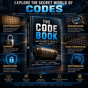 May include: A book titled The Code Book: How to Make It, Break It, Hack It, Crack It, featuring a metallic cryptex on the cover. The surrounding text highlights topics like cryptography, codebreaking, ciphers, encryption, and cryptoanalysis.