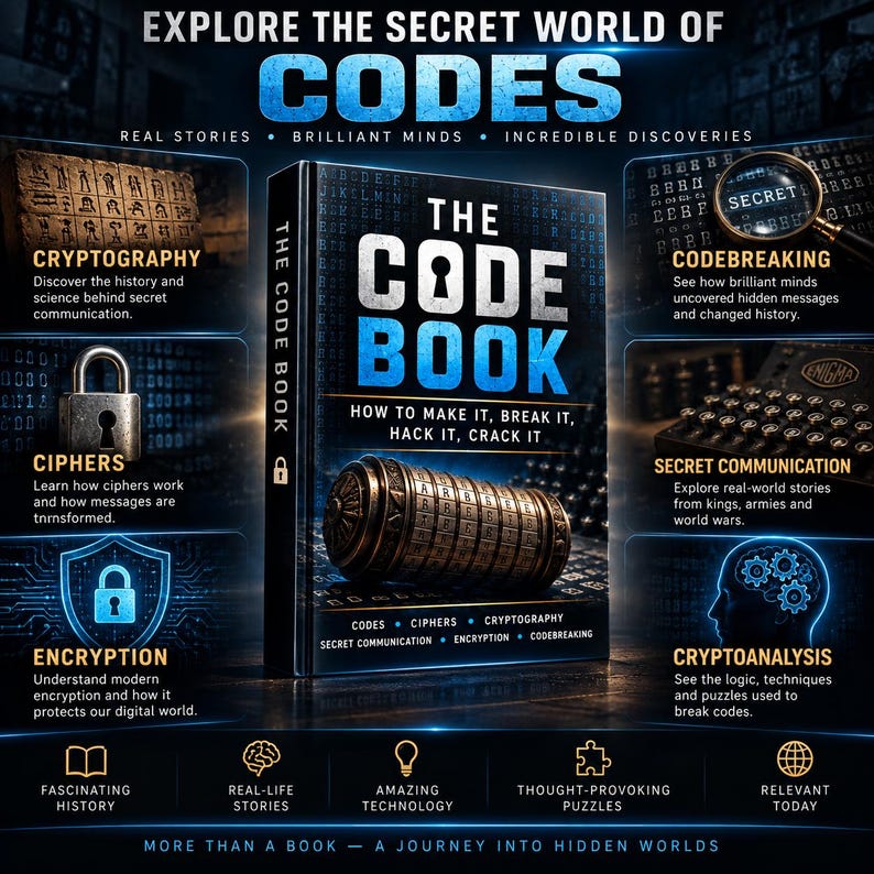 May include: A book titled The Code Book: How to Make It, Break It, Hack It, Crack It, featuring a metallic cryptex on the cover. The surrounding text highlights topics like cryptography, codebreaking, ciphers, encryption, and cryptoanalysis.