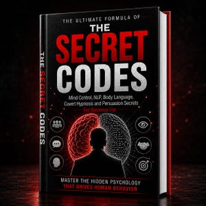 Op de afbeelding: Een hardcover boek getiteld The Secret Codes met een zwarte kaft en rood-witte tekst. Het ontwerp toont het silhouet van een persoon voor een gespleten hersengrafiek, omringd door iconen die communicatie, psychologie en zaken vertegenwoordigen.
