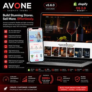 Può includere: Immagine promozionale per il tema Avone Shopify. L'immagine presenta un laptop e uno smartphone che mostrano un'interfaccia di sito web. Il testo include "Build Stunning Stores. Sell More. Effortlessly." e "Buy Wine Online Delivered Right to You."