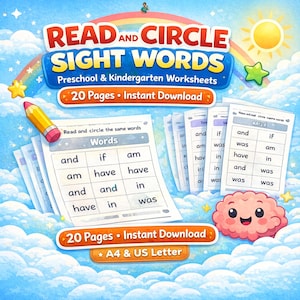 May include: A colorful educational worksheet set titled "Read and Circle Sight Words" for preschool and kindergarten. The image features worksheets with sight words, a pencil illustration, and the text "20 Pages Instant Download". The background is a blue sky with a rainbow.