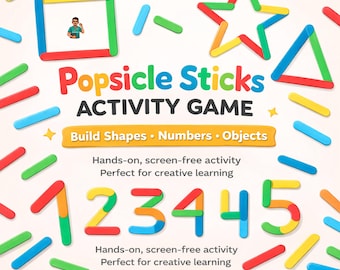 Juego de palitos de helado / Tarjetas de construcción de formas y números / Aprendizaje práctico / Actividad STEM preescolar / PDF imprimible