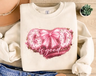 Dios es bueno PNG / Diseño cristiano de lazo floral rosa / Arte de camiseta con cita de fe / Descarga digital por sublimación