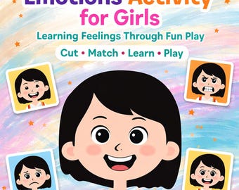 Actividad de emociones para niñas / Tarjetas de memoria imprimibles sobre sentimientos / Aprendizaje socioemocional preescolar / Caras para recortar y pegar / PDF