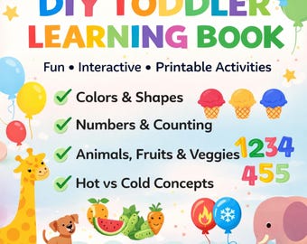 Libro de aprendizaje imprimible para niños pequeños / Libro de actividades para preescolar / Hojas de trabajo de colores, formas y números / Animales y frutas / PDF para educación en casa