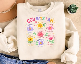 Dios dice que soy PNG / Diseño de versículo bíblico floral cristiano / Sublimación de cita de fe PNG / Diseño de camiseta religiosa