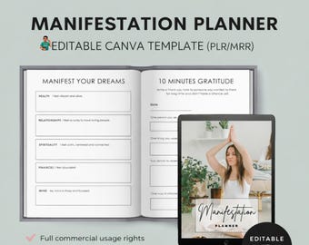 Planificador de Manifestación PLR MRR / Diario de Mentalidad y Abundancia editable en Canva / Planificador de la Ley de Atracción / Descarga digital