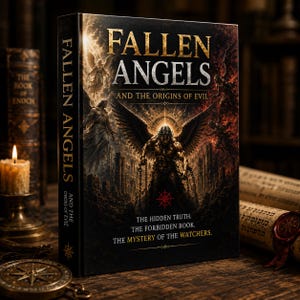 Puede incluir: Un libro de tapa dura titulado Fallen Angels and the Origins of Evil. La portada presenta una figura central alada con cadenas, rodeada de imágenes oscuras y atmosféricas. El texto dice: The hidden truth. The forbidden book. The mystery of the watchers.