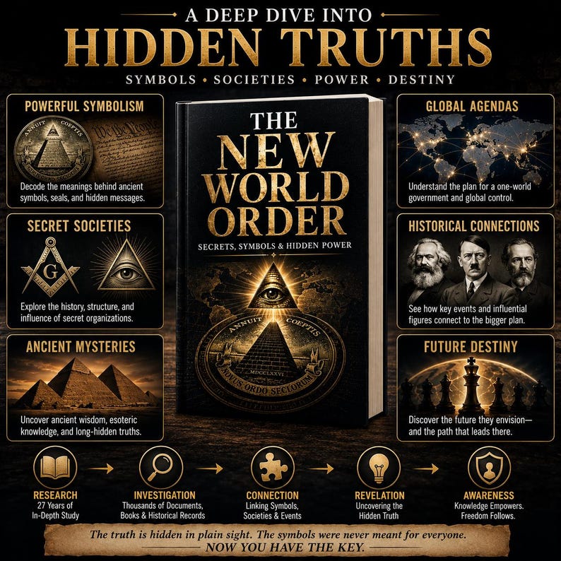 Digital PDF edition of The New World Order exploring secret societies, symbolism, historical connections, global influence, political power structures, and alternative perspectives on world affairs.