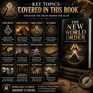 Digital PDF edition of The New World Order exploring secret societies, symbolism, historical connections, global influence, political power structures, and alternative perspectives on world affairs.