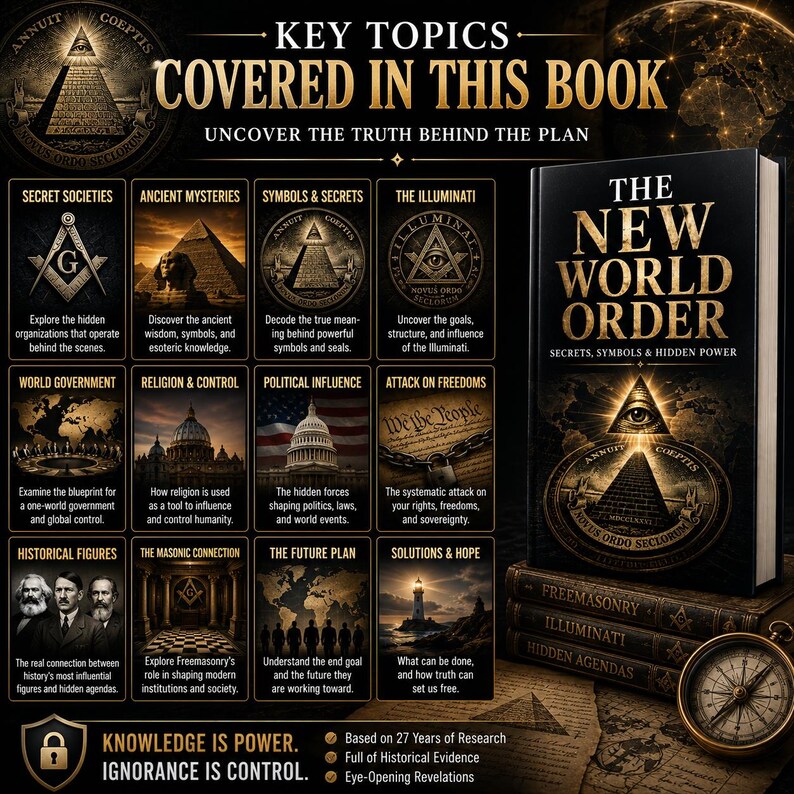 Digital PDF edition of The New World Order exploring secret societies, symbolism, historical connections, global influence, political power structures, and alternative perspectives on world affairs.