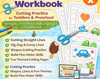 Cuaderno de ejercicios de corte con tijeras / 50 páginas para practicar cortes / Motricidad fina para preescolares / Hojas de corte para niños pequeños / PDF imprimible