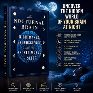 May include: A book titled "The Nocturnal Brain" with a dark blue cover featuring a brain illustration and the text "Nightmares, Neuroscience, and the Secret World of Sleep." The image includes text about sleep science and a person sleeping.