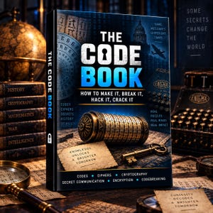 May include: A book titled The Code Book with a cover featuring a metallic cryptex, a brass key, and text including How to Make It, Break It, Hack It, Crack It. The cover also displays the phrases Some Secrets Change the World and Knowledge Unlocks a Brighter Tomorrow.
